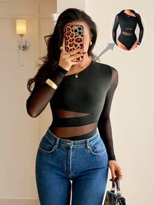 Rafferiza Elegant, Slim-Fitting, Sexy Asymmetrical Neckline, Mesh Paneling Long-Sleeved Black Bodysuit Black Bodysuit Elegant, Sexy And Stylish Black Round Neck Long-Sleeved Bodysuit Geometric Mesh Paneling Slim-Fitting Knit Bodysuit Suitable For Women Spring/Summer Elegant Women's Bodysuit Women's Red Bodysuit Women's Party Bodysuit Women's Beach Bodysuit Women's Outing Outfit Millennial Style Bodysuit Women's Birthday Outfit - Black - View 1