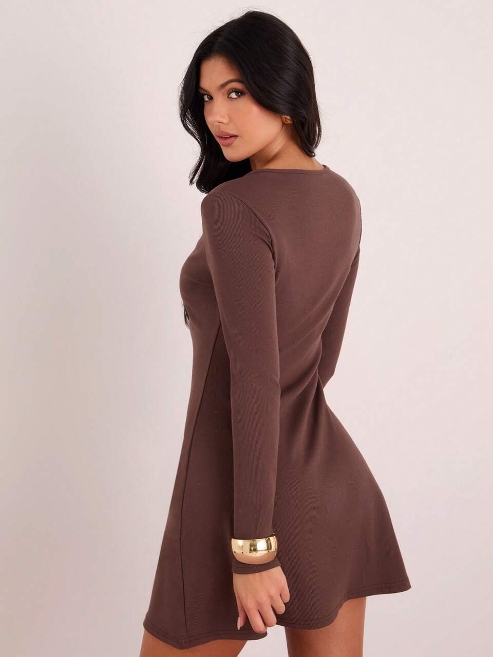 Enchnt Women's Coffee Brown Mini Dress,Elegant Autumn Long Sleeve Hollow Collar Metal Flowers Decor,Sweet For Date,Holiday,Brunch&