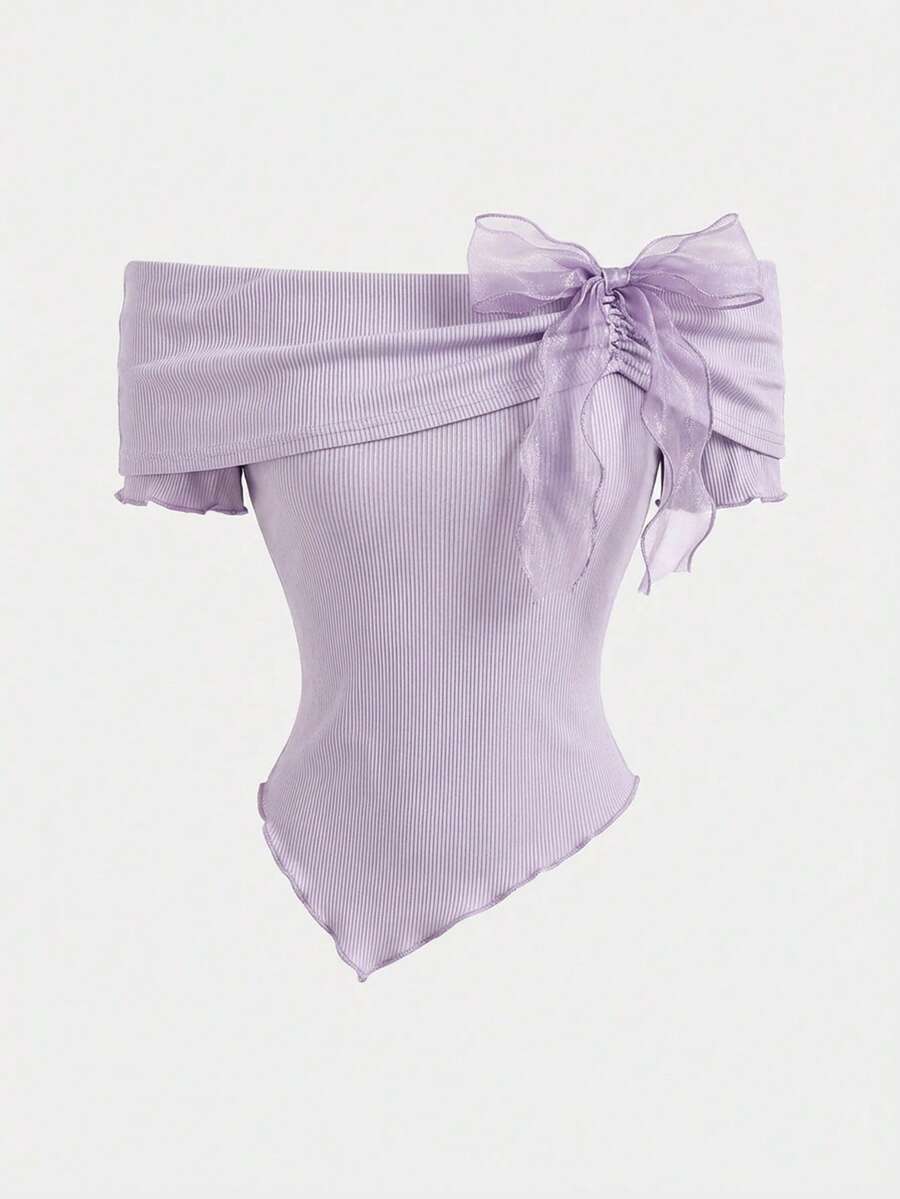 Girlism Tween Girl Off-Shoulder Bowknot Long Sleeve T-Shirt Top, Back-To-School Outfit,Cute Tops School,Pink Top,Fall Tops,Preppy Tops/Valentine Day Kids/ Valentine Day/ Summer/Summer Outfits - Mauve Purple - View 1