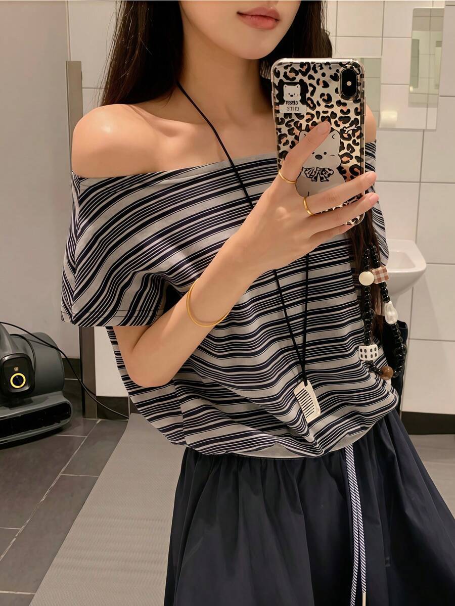 K-Vae Women's Striped Asymmetric-Shoulder Short Sleeve Casual Loose T-Shirt - Navy Blue - View 1