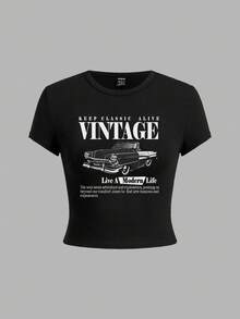 SHEIN EZwear Bộ 4 áo thun nữ tay ngắn cổ tròn dáng ôm, in hình đồ họa xe hơi và gấu theo phong cách vintage. - Nhiều màu - Xem 3