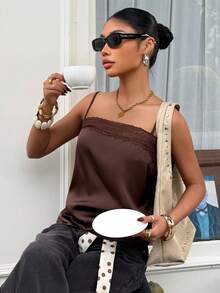 Muchica 女士棕色缎面撞色蕾丝边吊带背心