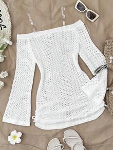 SHEIN Teen Girls Off Shoulder Knot Side Cover Up Dress Without Bikini, Summer Beach Vacation