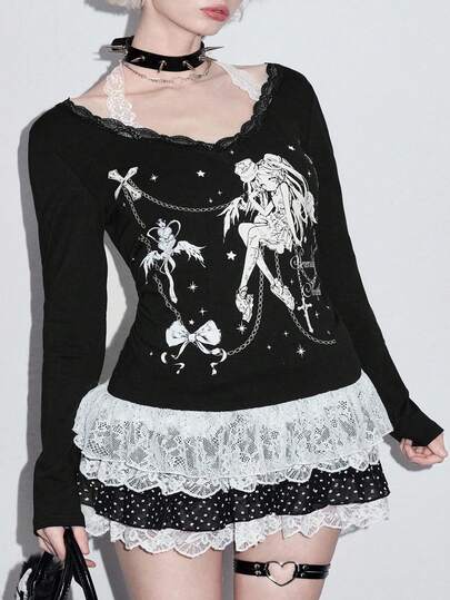 Maglietta a maniche lunghe da donna taglie forti con contrasto di croce e fiocco in stile anime scuro (include sottogiacca in pizzo e orlo in pizzo)