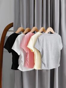 Sparklyn Set da 5 magliette casual a maniche corte con arricciatura in vita, adatte per ragazze pre-adolescenti, versatili per primavera/estate - Multicolore - Visualizzare 2