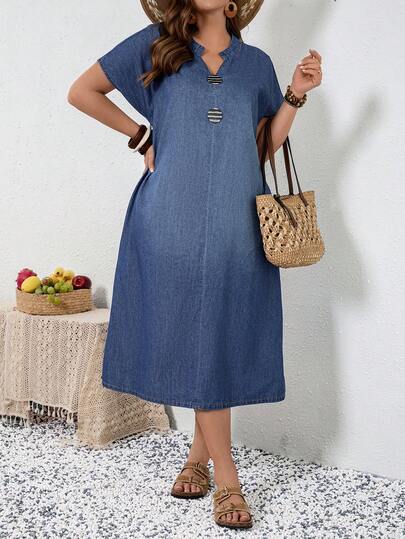 EMERY ROSE 大码女式V领蝙蝠袖短袖直筒宽松休闲牛仔连衣裙