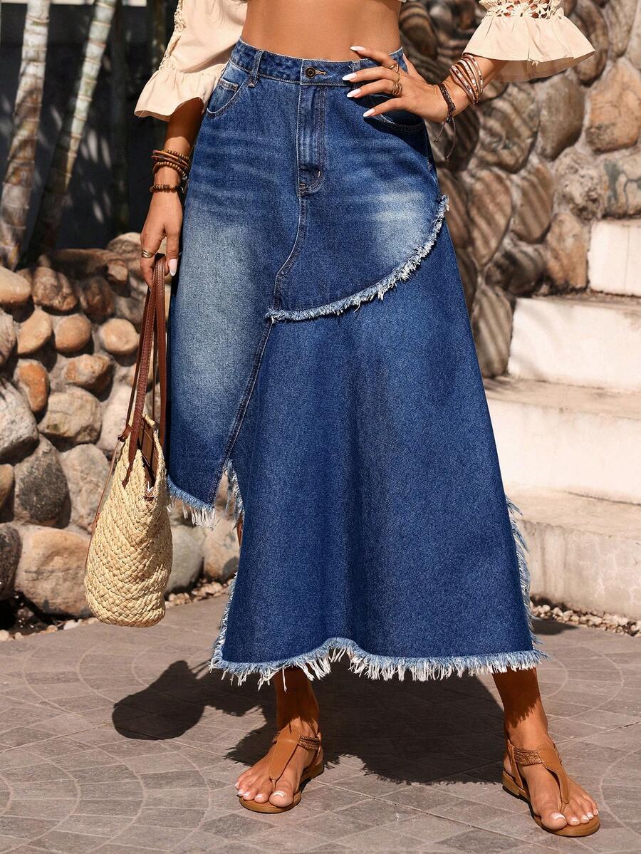 Breezaya Falda vaquera con bajo asimétrico para mujer - Azul lavado medio - Ver 1