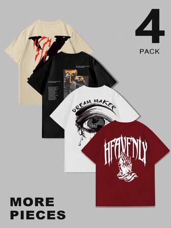 Manfinity Roghcode 4pcs/Pack Men's Casual Printed Round Neck Short Sleeve T-Shirts