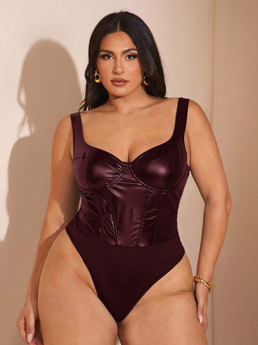 SHEIN BAE Plus Size Women Summer/Autumn PU Bustier Bodysuit - Burgundy - View 1