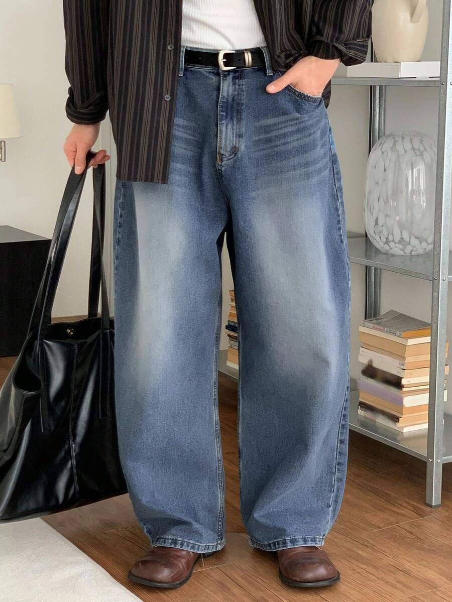DAZY Quần jeans nam dáng rộng, chất liệu denim bạc màu, có túi, thích hợp cho mùa xuân. - Màu xanh lam - Xem 1