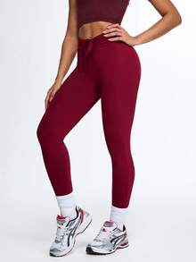 Eassivo Eassivo Women's Burgundy High-Waisted Ruched Drawstring Leggings,Burgundy Leggings - Maroon - View 1