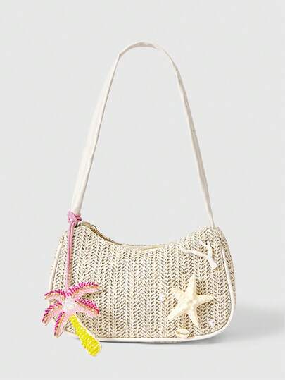 Fairycore 1 Juego de Bolso de Playa de Ganchillo Floral y Accesorios, Bolso de Hombro de Estilo Resort de Playa Personalizado y de Moda para Mujer (Incluye 1 Bolso y 1 Juego de Accesorios)