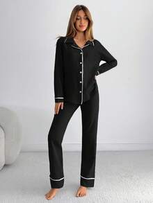 EURMUSE Classic Button Front Pajama Set – Soft Long Sleeve Top & Comfy Straight Leg Pants Loungewear - Black - View 3