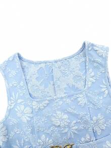 Elenzga New Spring/Summer Blue French Elegant Chic Dress, Textured Water Lily Fabric Design, Square Neck Sleeveless Waist Strap Metal Chain Cinched Waist Slim-Fit Flounce Hem Women Sheath Dress - Blue - View 5