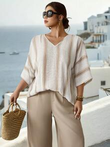 Parysyn 大码女式梭织休闲夏季衬衫 - 杏色 - 查看 2