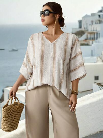 Parysyn Plus Size Women's V Neck Vertical Stripe Shirt Casual Loose Fit Short Sleeve Blouse Top Summer