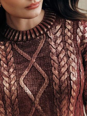 Anewsta Suéter de diosa para mujer de talla grande, suéter de cuello alto retro elegante de talla grande de punto de cable, conjunto de ropa de club con lámina metálica, top gris claro