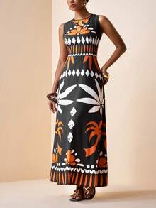 Zivah Festival de musique printemps/été 2026, Pâques, Saint-Patrick, style western, nomade, anniversaire, remise de diplômes, université, étudiante, tenue décontractée, basique, loisirs, croisière, plage, bronzage, à la mode, streetwear. Robe longue sans manches trapèze imprimée à motifs tropicaux inspirés de la forêt amazonienne. Idéale pour les fêtes de fin d'année, Pâques, la Saint-Patrick, les voyages, les croisières, la plage, les bains de soleil et les événements viraux. - Noir - Voir 8