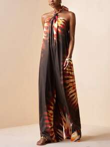 Zivah 2026 Summer New Music Festival Easter Mother's Day Wedding Season Attend Wedding Attend Birthday Daily Casual Vacation Cruise Travel Beach Sunbathing Viral Elegant Casual Halter Tie-Back Sexy Open Back Twist Loose Wide Leg Printed Jumpsuit For Women - Green - View 3