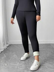 Elenzga 2pcs/Set Comfortable Black Plus Size Long Sleeve Top And Pants Loungewear Set, Autumn/Winter - Grey - View 5