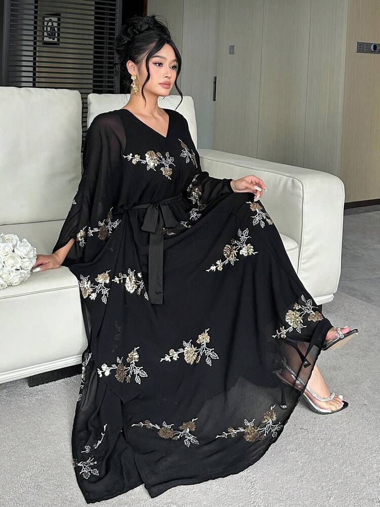 Dazy Plus Plus Size Women's V-Neck Chiffon Embroidered Loose Long Elegant Party Dress, Black, Spring/Summer Sundress Floral Dresses For Women