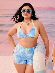 Swim Mod Bộ đồ bơi kẻ caro phối màu thanh lịch dành cho nữ cỡ lớn, phong cách học thuật ngọt ngào, thích hợp cho kỳ nghỉ biển. - Màu xanh lam - Xem 5