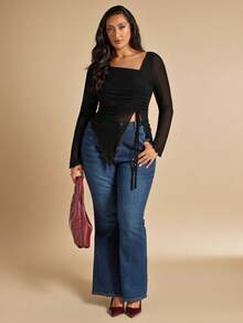 SHEIN BAE 大码女式纯色不对称网纱长袖上衣 - 黑色 - 查看 6