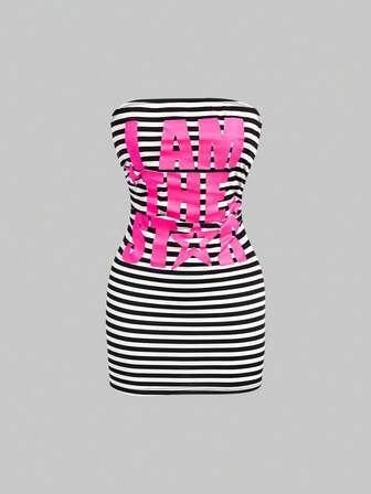 J-Fashion Y2K Slogan & Star Print Ruched Waist Women Mini Cami Dress