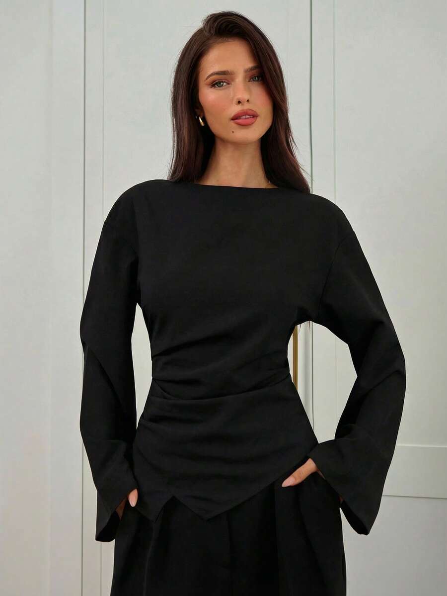 Aloruh Women's Autumn/Winter New Stylish Commuter Waist Ruched Asymmetric Hem Long Flare Sleeve V-Neck Pullover Blouse Spring - Black - View 1