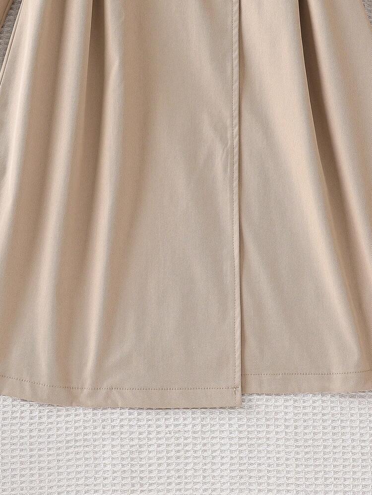 SHEIN 1pc Girls' Khaki Double-Breasted Belted Long Jacket,Brown,Autumn,Vintage,School,Back-To-School Fashionable Woven Reversible Collar Coat For Outdoor - Khaki - View 6