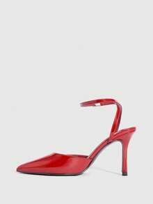 CUCCOO SZL 米色PU撞色蕾丝拼接时尚优雅性感露跟尖头高跟鞋情人节 - 紅色 - 查看 5