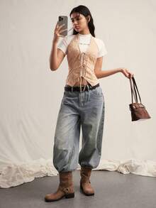 Easelle 女士休闲无袖露背系带薄外套 - 杏色 - 查看 3