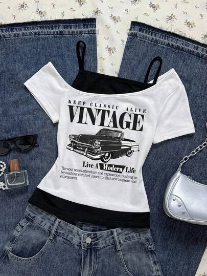 Attitoon Women's Casual Retro Contrast Color Short Sleeve T-Shirt With Vintage Car Pattern