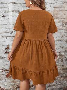 SHEIN LUNE Plus Size Casual Solid Color Ruffle Hem Dress Rust Brown Autumn Midi Summer Short Sleeve Dresses - Khaki - View 2