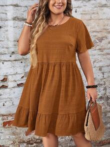 SHEIN LUNE Plus Size Casual Solid Color Ruffle Hem Dress Rust Brown Autumn Midi Summer Short Sleeve Dresses - Khaki - View 5