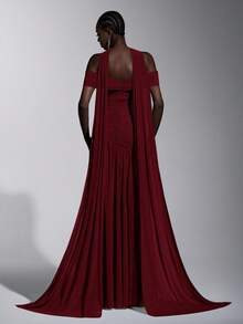 Elitara Đầm dáng chữ A bất đối xứng, màu xám thanh lịch, tối giản, hở vai, xếp ly, xẻ tà cao, thích hợp cho đám cưới, sự kiện trang trọng, dạ hội và tiệc cocktail. - Màu Đỏ Sâu - Xem 3