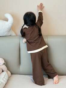 DAZY 2pcs Baby Girls' Comfortable Round Neck 2 In 1 T-Shirt And Leggings Pajama Set Toddler Girls Clothes - Brown - View 2