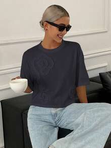 Camiseta corta de manga corta con cuello redondo, plisada y floral, de estilo casual y holgado, para verano Y2K - azul real - Ver 5