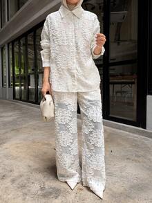 DAZY Women's Collared Jacquard Single-Breasted Long Sleeve Top And Wide-Leg Pants Fashion Casual Outfit - White - View 7