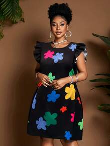 Maweii Đầm nữ cỡ lớn cổ tròn tay bồng dáng chữ A in họa tiết hoạt hình, kiểu dáng rộng rãi, thoải mái, thích hợp đi nghỉ mát, đi làm, phong cách tối giản, thiết kế độc đáo, món đồ thiết yếu mới cho mùa xuân/hè/thu. - màu đen - Xem 4