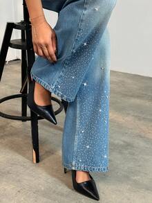 EURMUSE Quần jeans nữ 100% cotton với chi tiết đính đá. - Rửa trung bình - Xem 6