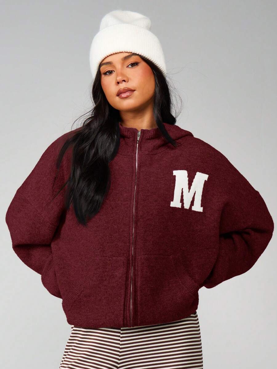 MISSGUIDED 针织拉链连帽衫，带字母徽标，长袖秋冬舒适套头衫 - 酒紅色 - 查看 1