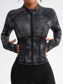 Dewbera Printed Stand Collar Zip-Up Jacket, Long Sleeve Thumb Hole Sports Tight Fitted Coat - Black - View 4