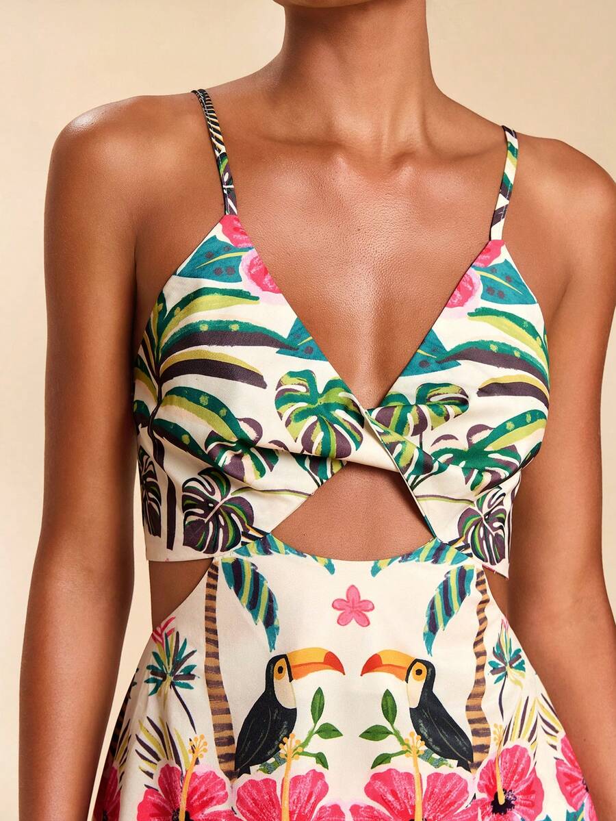 Travachic 女士镂空性感吊带热带植物印花度假连衣裙，适合狂欢节、春假、夏季、情人节、海滩、休闲度假、外出、夏季派对等场合。 - 彩色 - 查看 1