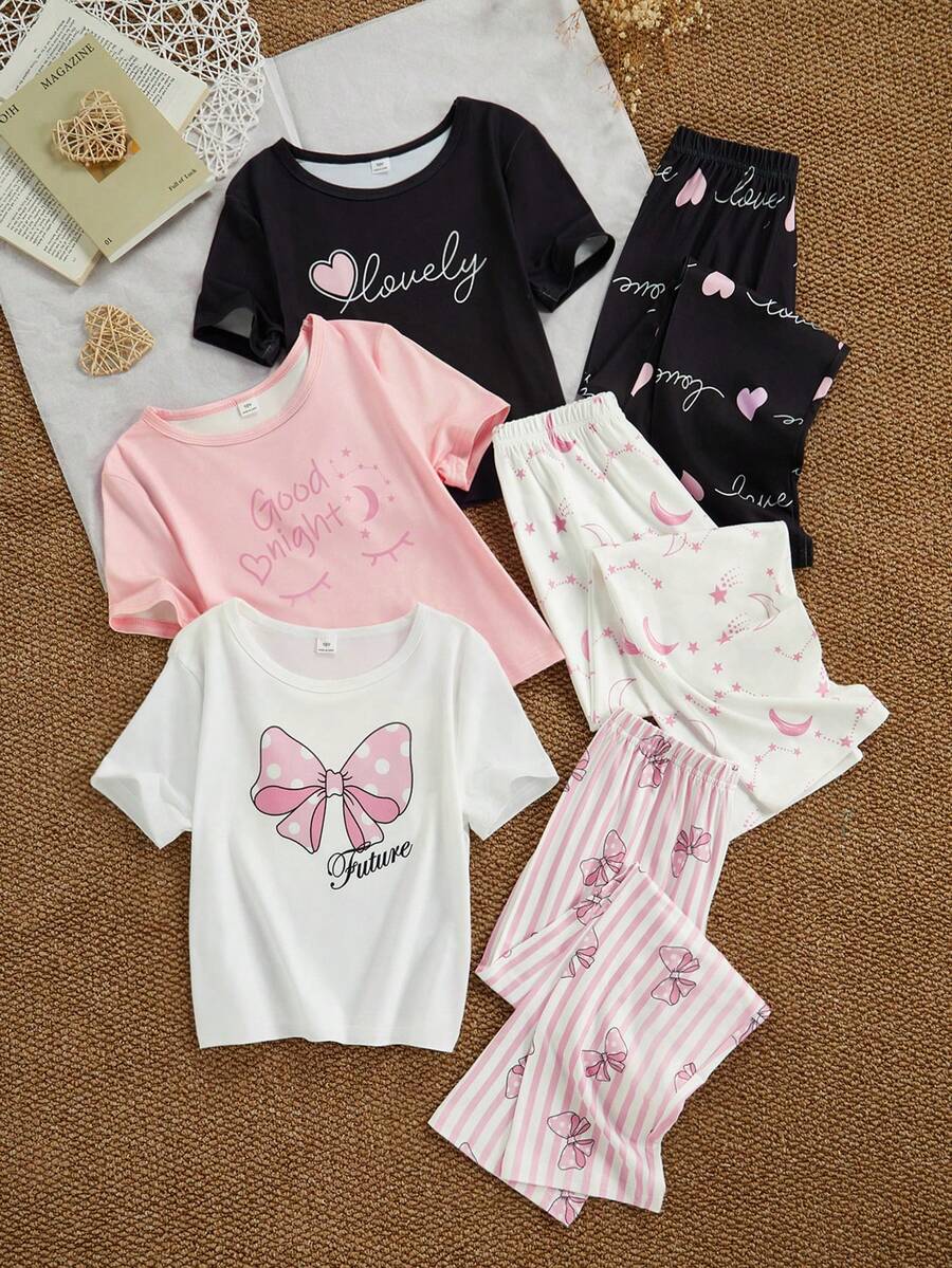6pcs Girls Casual Pajama Set With Heart, Bow, Star & Eyelash Print, Pink Series - Multicolor - View 1