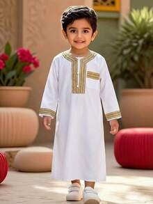 男童缎带设计纽扣口袋长袖宽松长衬衫 - 白色 - 查看 1