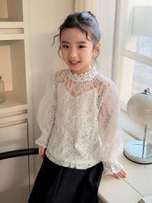 DAZY 女童蕾丝拼接长袖衬衫 - 白色 - 查看 2