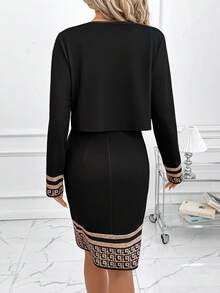 SHEIN Clasi Women's Round Neck Sleeveless Cinched Waist Elastic Knit Geometric Print Long Sleeve Cardigan, Elegant For Daily Wear And Commute, Autumn/Winter 2-Piece Set Women's Sets Plaid Print Black, Work Suit, Office Attire - Black and White - View 8