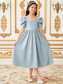 少女优雅珍珠点缀方领羊腿袖荷叶边下摆缎面连衣裙，适合婚礼、派对、生日、聚会、春夏穿着。 - 淺藍色 - 查看 6