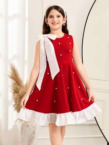 Serisse Kids Robe élégante à encolure ronde avec nœud papillon, décoration de perles et ourlet à volants contrastés pour la taille. Tenue assortie pour sœurs - Rouge - Voir 7